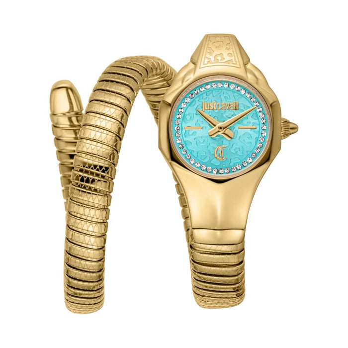 Just Cavalli Serpente Gold Turquoise Crystal Women’s Watch JC1L354M0035 - Authentic
