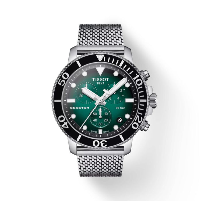 Tissot Seastar 1000 Chronograph – Green Dial | Stainless Steel Mesh Bracelet | 30 Bar t120.417.11.091.00 - Authentic