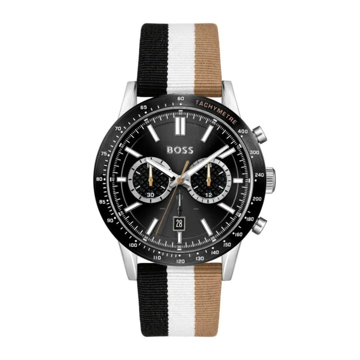 Hugo Boss Men's Chronograph Watch – Black Dial, Striped Nylon Strap 1513963 - Authentic