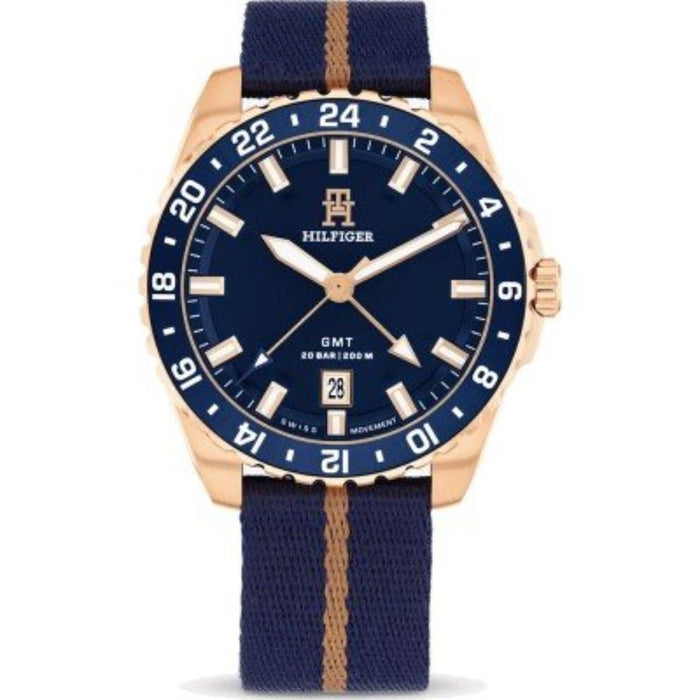 Tommy Hilfiger GMT – Rose Gold with Blue Dial and Fabric Strap 1792130 - Authentic