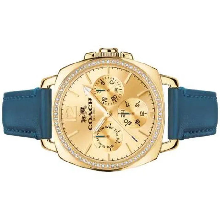 Coach Women’s Crystal Chronograph Watch – Gold Dial, Blue Leather Strap 14502124 - Authentic