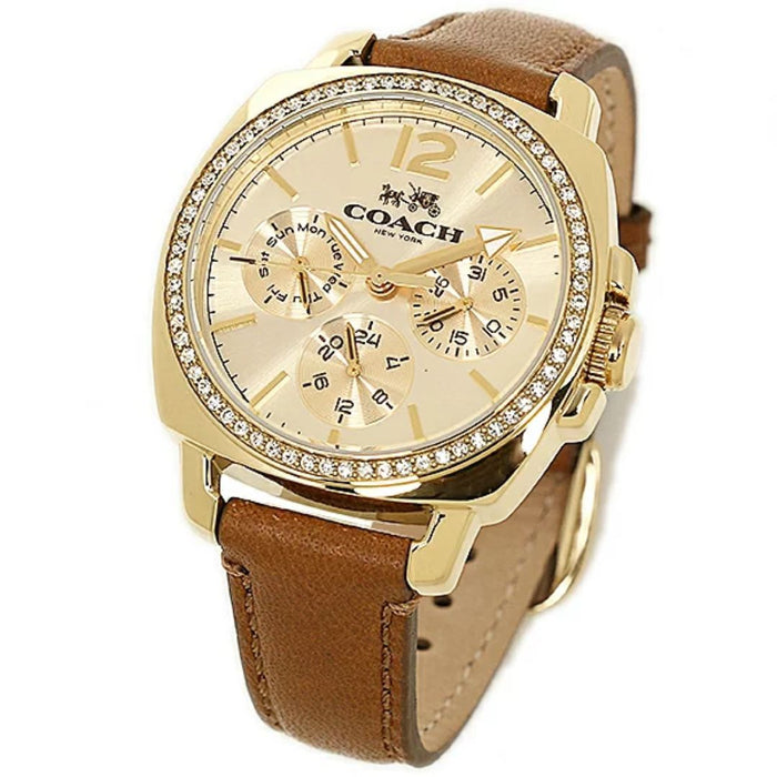 Coach Women’s Crystal Multifunction Watch – Gold Dial, Brown Leather Strap 14502172 - Authentic