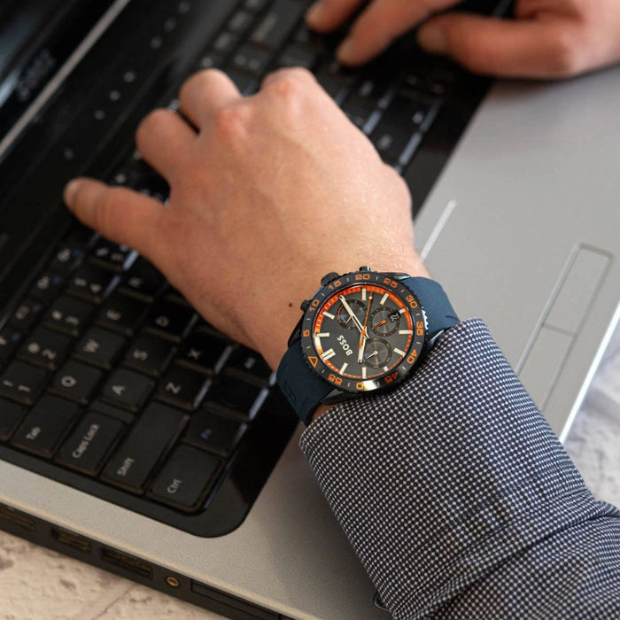 Hugo Boss Marine Sport Chronograph – Blue & Orange Silicone Strap 1514142 - Authentic