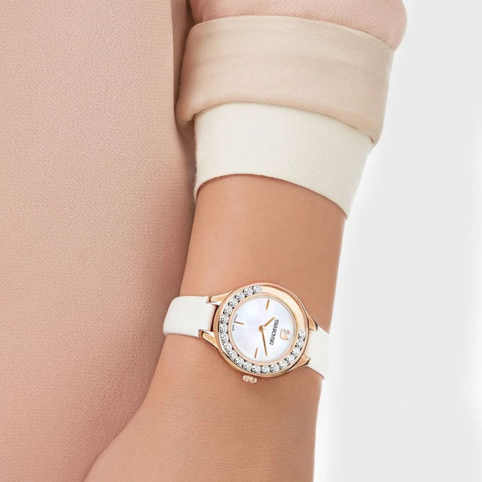 Swarovski Lovely Crystals Women’s Watch – Gold Case, White Leather Strap 5242904 - Authentic