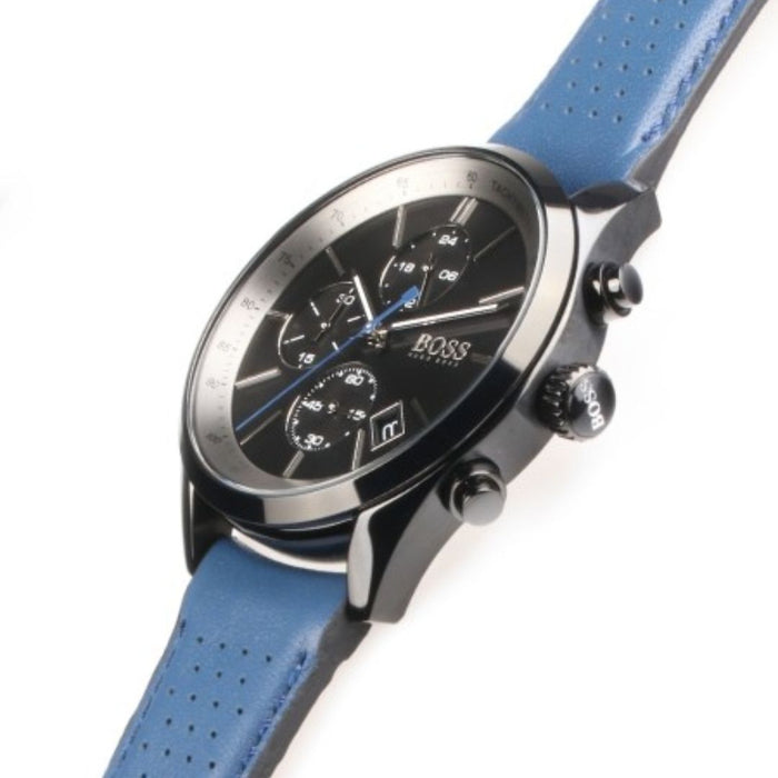 Hugo Boss Men's Chronograph Black Dial Watch with Blue Leather Strap 1513563 - Authentic