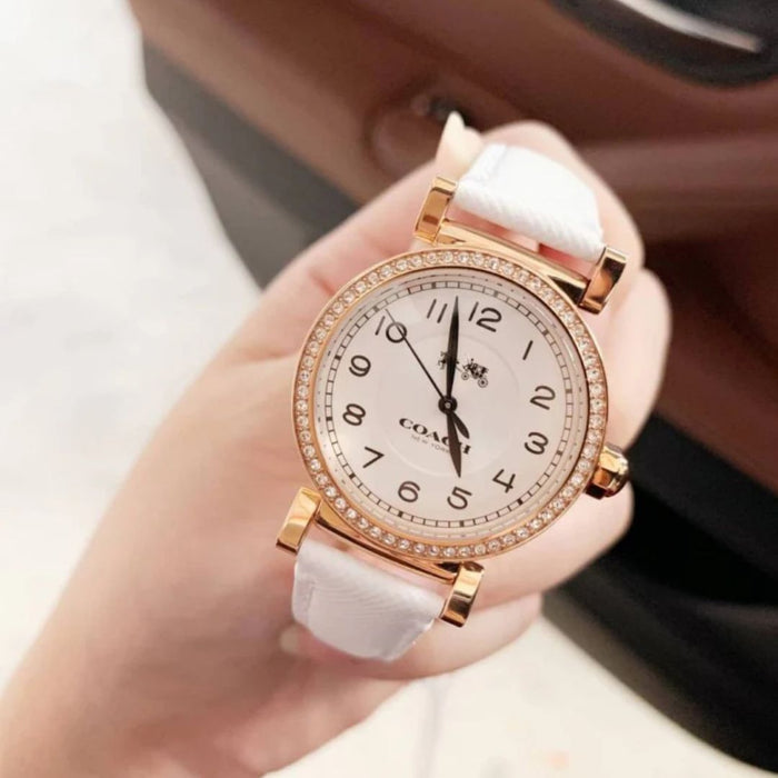 Coach Women’s Rose Gold Crystal Bezel Watch with White Leather Strap 14502401 - Authentic