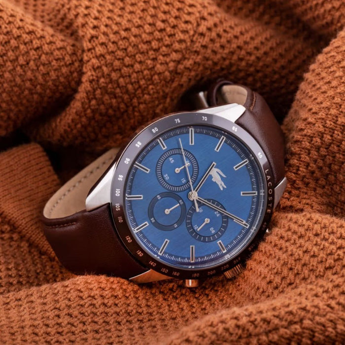 Lacoste Chronograph Men’s Blue Dial Brown Leather Watch - 2011093 - Authentic