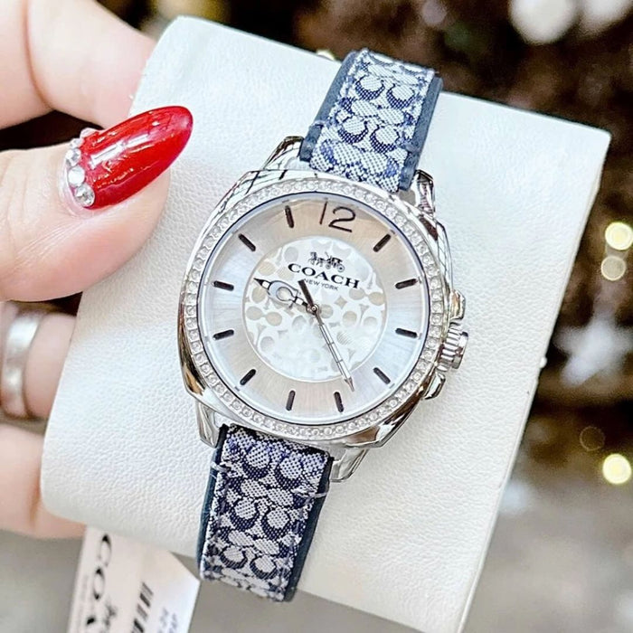 Coach Women’s Silver-Tone Crystal Bezel Watch with Blue Signature Strap 14503149 - Authentic