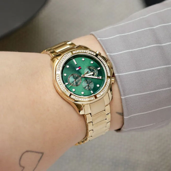 Tommy Hilfiger Gold Chronograph – Emerald Green Dial with Crystal Bezel 1782614 - Authentic