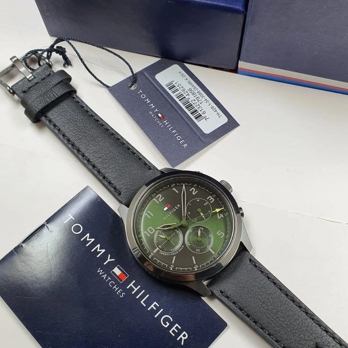 Tommy Hilfiger Men’s Green Chronograph Watch with Black Leather Strap 1791856 - Authentic