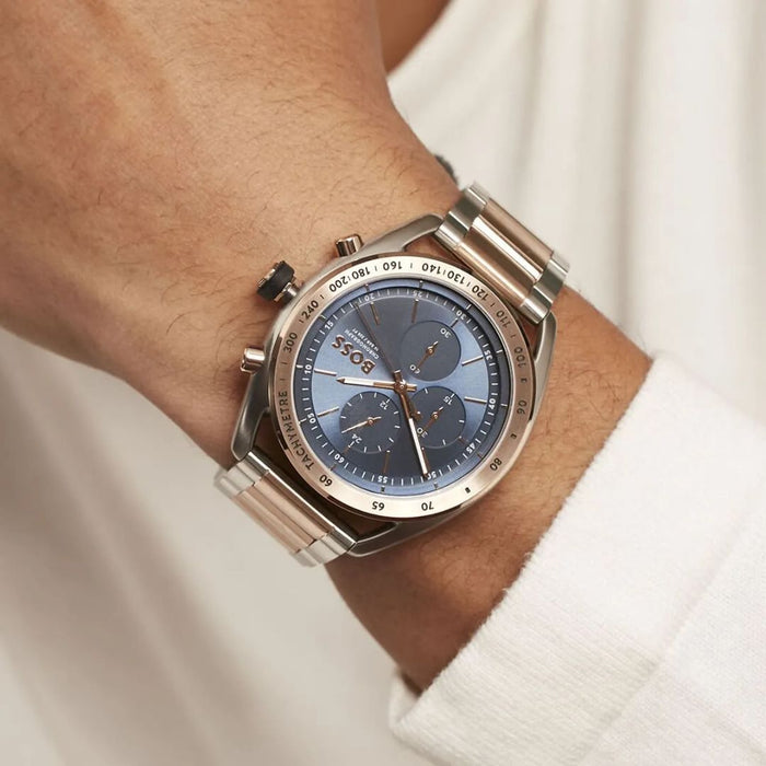 Hugo Boss Men’s Rose Gold & Silver Chronograph Watch – Blue Dial | Tachymeter 1514026 - Authentic