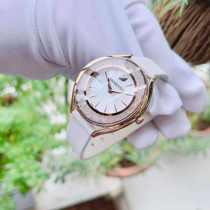 Swarovski Crystalline Oval Women’s Watch – Rose Gold Case, White Leather Strap 5519453 - Authentic