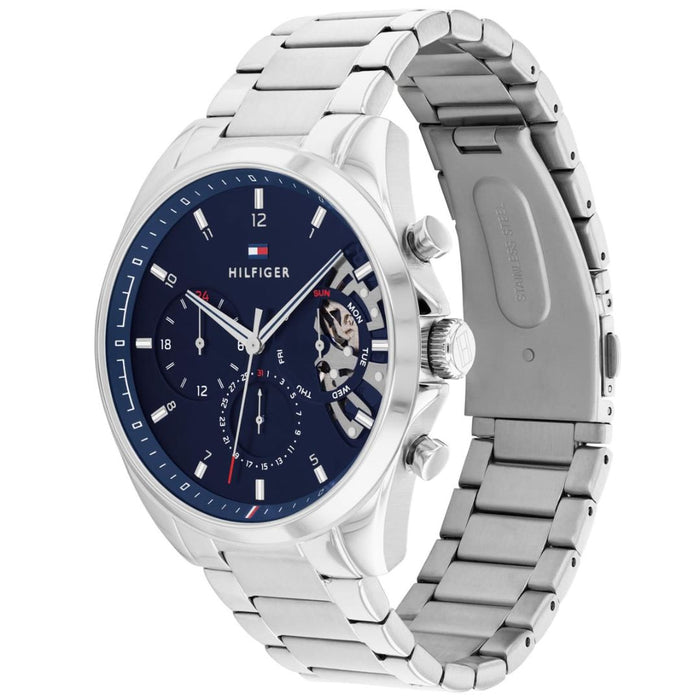 Tommy Hilfiger Men’s Silver Chronograph Skeleton Watch with Blue Dial 1710448 - Authentic