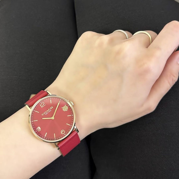 Coach Women’s Minimalist Watch – Red Dial, Gold Case, Red Leather Strap (Tiger Motif) 14503867 - Authentic