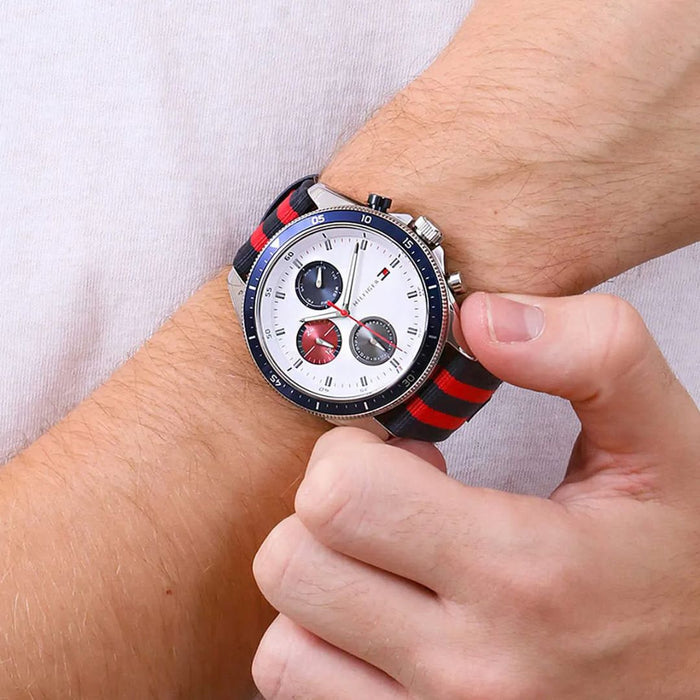 Tommy Hilfiger Chronograph White Dial Blue & Red Nylon Strap 1792035 - Authentic