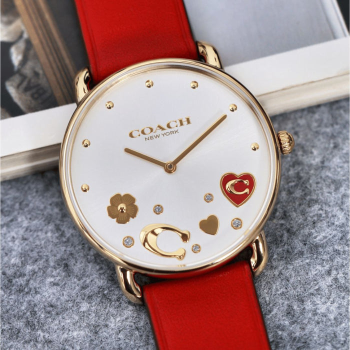 Coach Women’s Rose Gold Floral Dial Watch – Red Leather Strap - 14504520 - Authentic