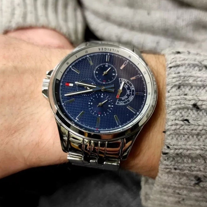 Tommy Hilfiger Men’s Silver Chronograph Watch with Blue Textured Dial 1791612 - Authentic
