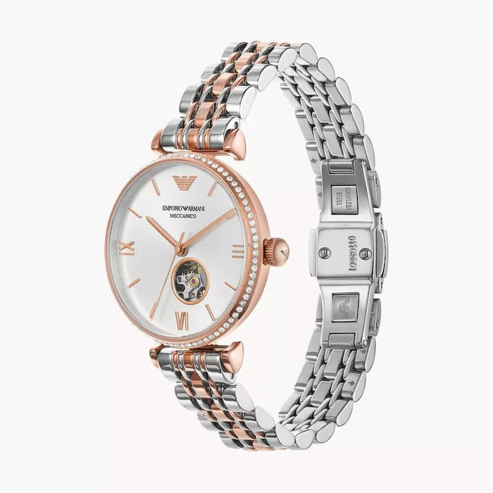 Emporio Armani Meccanico Women's Two-Tone Rose Gold & Silver Skeleton Bracelet Watch AR60019 - Authentic