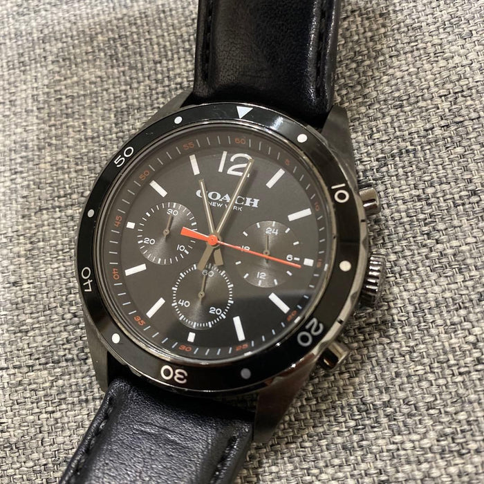 Coach Chronograph Watch – Black Stainless Steel Case & Black Leather Strap 14602039 - Authentic