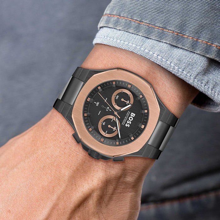 Hugo Boss Pioneer Chronograph – Black & Rose Gold Steel | 5ATM 1514090 - Authentic