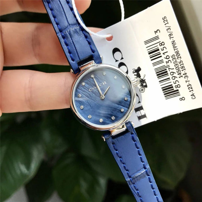 Coach Women’s Silver Quartz Watch – Blue Dial with Crystal Markers & Blue Leather Strap 14503535 - Authentic