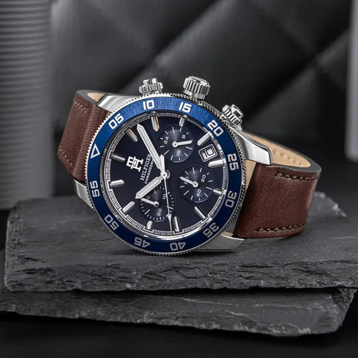 Tommy Hilfiger Chronograph – Blue Dial with Brown Leather Strap 1792163 - Authentic