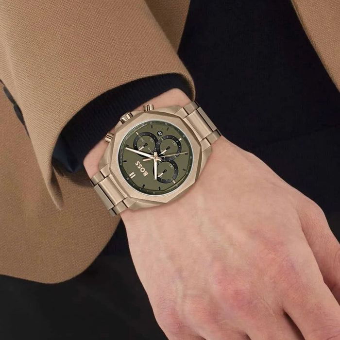 Hugo Boss Gold-Tone Chronograph Men’s Watch – Olive Green Dial 1514019 - Authentic