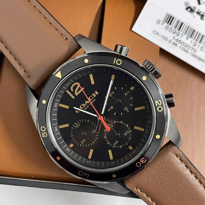 Coach Men’s Chronograph Watch – Black Dial, Brown Leather Strap 14602070 - Authentic