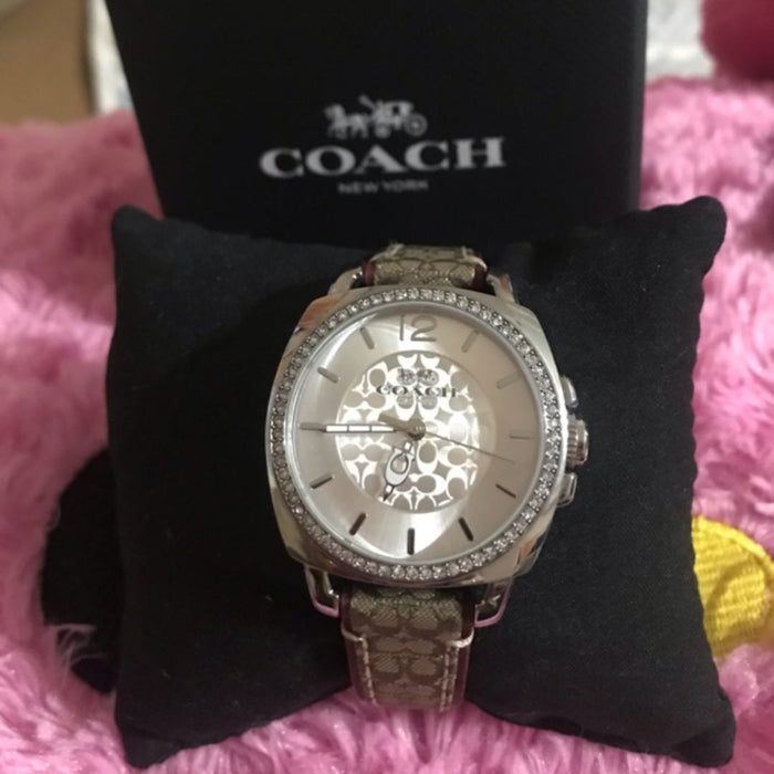 Coach Women’s Silver-Tone Crystal Bezel Watch with Signature Fabric Strap 14503147 - Authentic