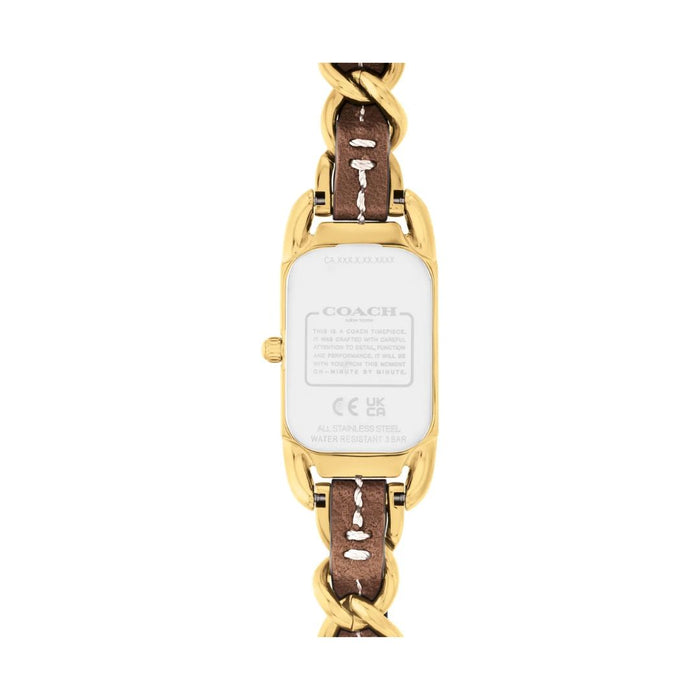 Coach Rectangular Gold-Tone Women’s Watch with Champagne Dial & Brown Leather Chain Strap 14504282 - Authentic