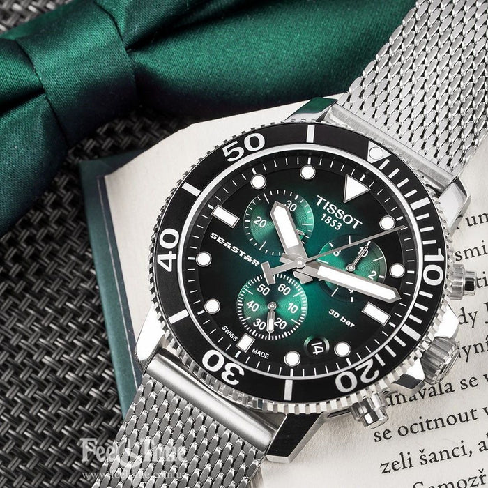 Tissot Seastar 1000 Chronograph – Green Dial | Stainless Steel Mesh Bracelet | 30 Bar t120.417.11.091.00 - Authentic