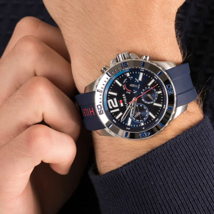 Tommy Hilfiger Chronograph Blue Dial Silver Case & Blue Rubber Strap 1791142 - Authentic