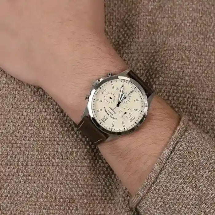 Fossil Forrester Chronograph Cream Dial Brown Leather Watch - FS5696 - Authentic