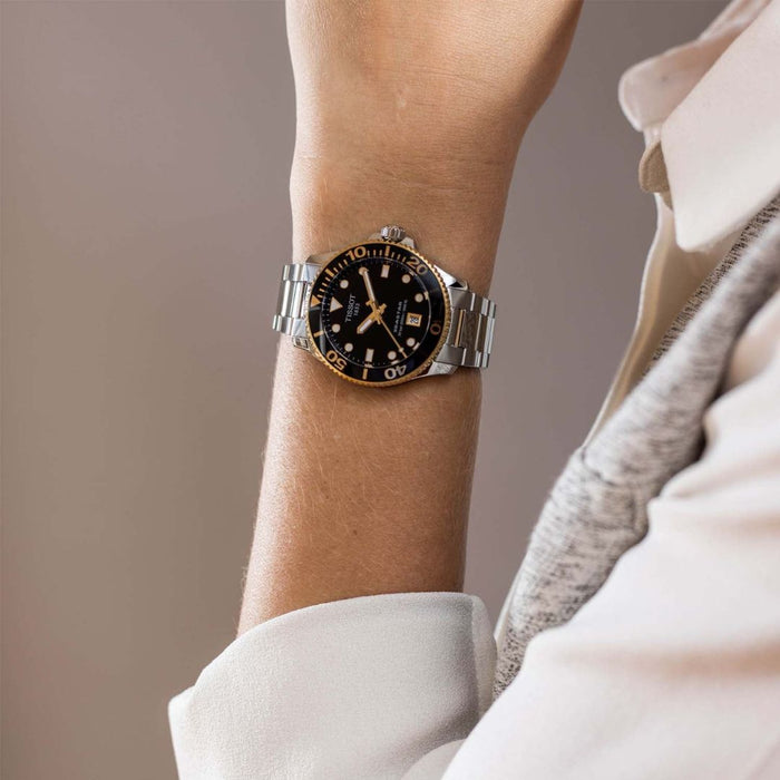 Tissot Seastar 1000 – Two Tone Gold & Steel 36MM | Black Dial | 300m Diver t120.210.21.051.00 - Authentic