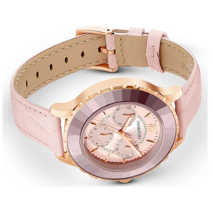 Swarovski Octea Lux Chronograph Rose Gold Pink Leather Watch - 5452501 - Authentic