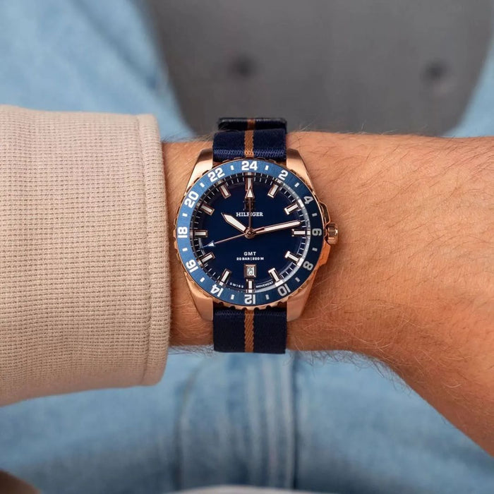 Tommy Hilfiger GMT – Rose Gold with Blue Dial and Fabric Strap 1792130 - Authentic
