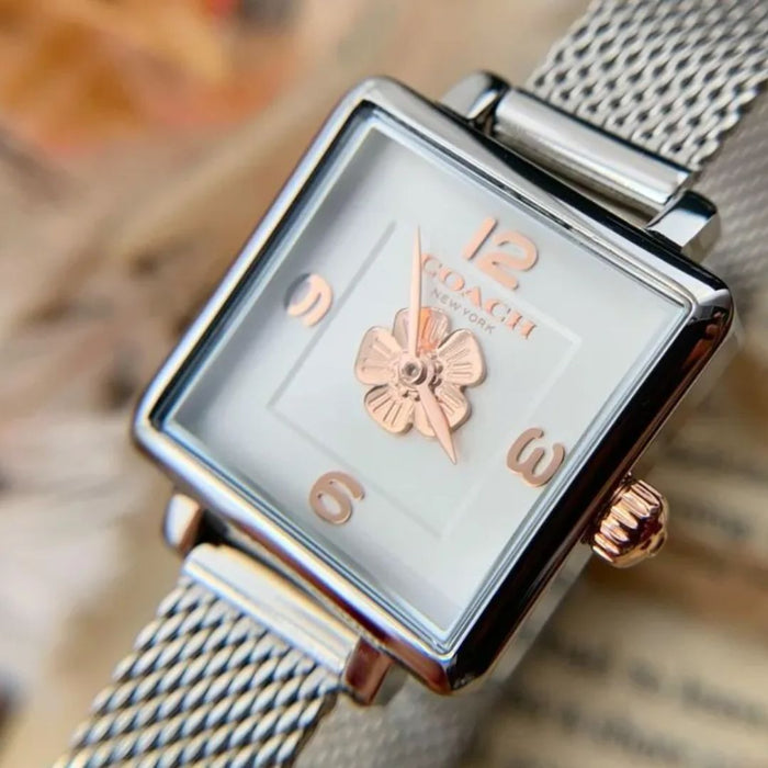 Coach Women’s Square Quartz Watch – Stainless Steel Mesh Strap (Silver & Rose Gold) 14503697 - Authentic