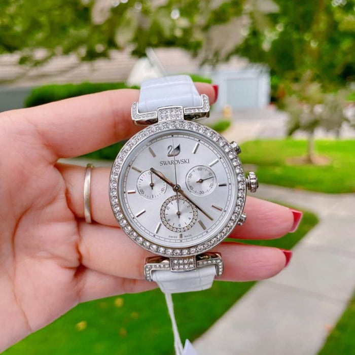 Swarovski Octea Lux Chronograph Women’s Watch – Silver Crystal Bezel & White Leather Strap 5295346 - Authentic