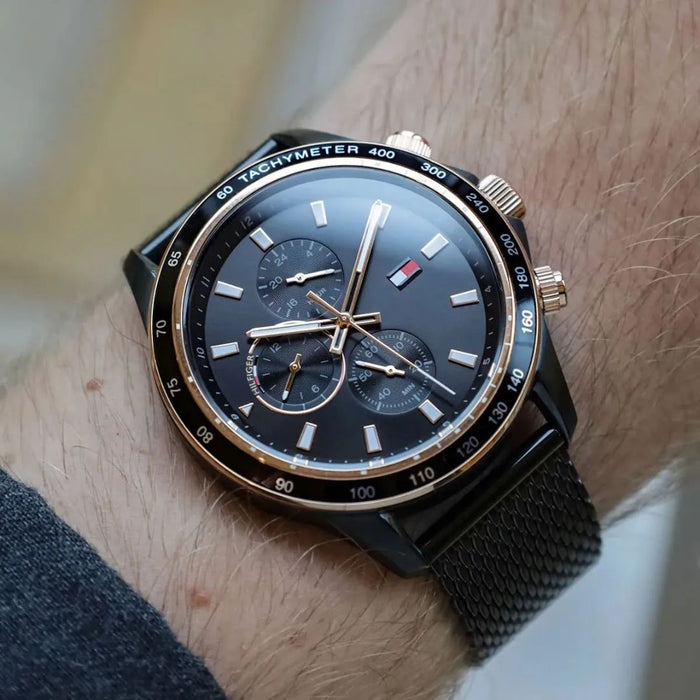 Tommy Hilfiger Chronograph Black & Rose Gold Mesh Watch for Men 1792020 - Authentic