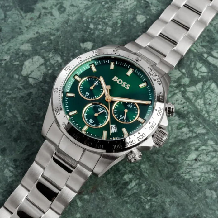Hugo Boss Men’s Tachymeter Chronograph Watch Green Dial & Gold Accents | 1514217 - Authentic