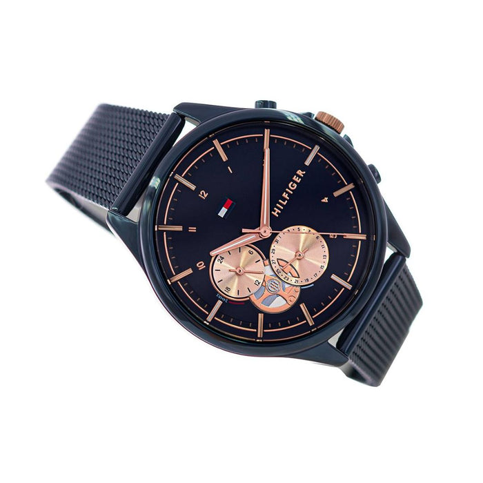 Tommy Hilfiger Blue Chronograph Watch with Gold Accents, Mesh Bracelet 1782418 - Authentic