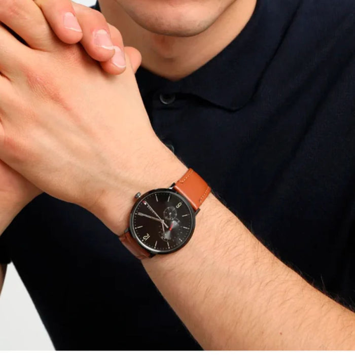 Tommy Hilfiger Men’s Black Dial Watch with Brown Leather Strap 1791510 - Authentic