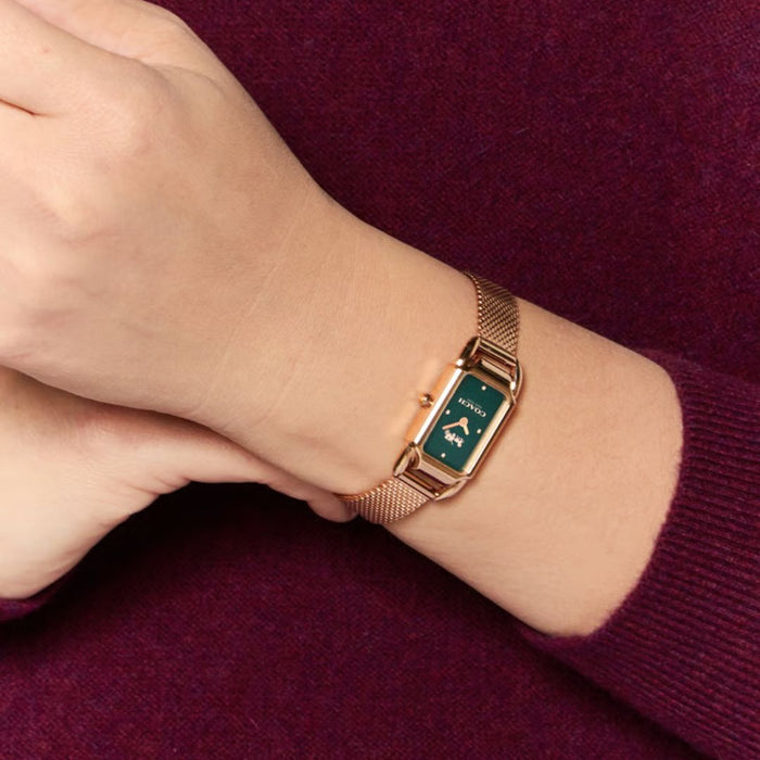 Coach New York Rose Gold Rectangular Women’s Watch – Green Dial & Mesh Bracelet 14504034 - Authentic