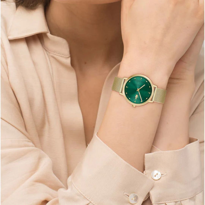 Lacoste Women’s Moon Watch Gold Mesh Green Dial - 2001356 - Authentic