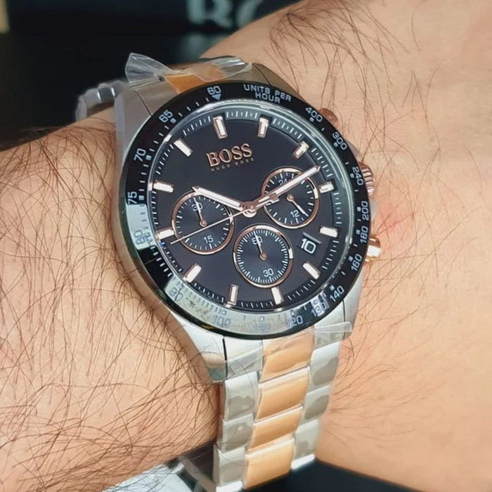 Hugo Boss Rose Gold & Silver Chronograph Men’s Watch – Black Dial Tachymeter 1513584 - Authentic