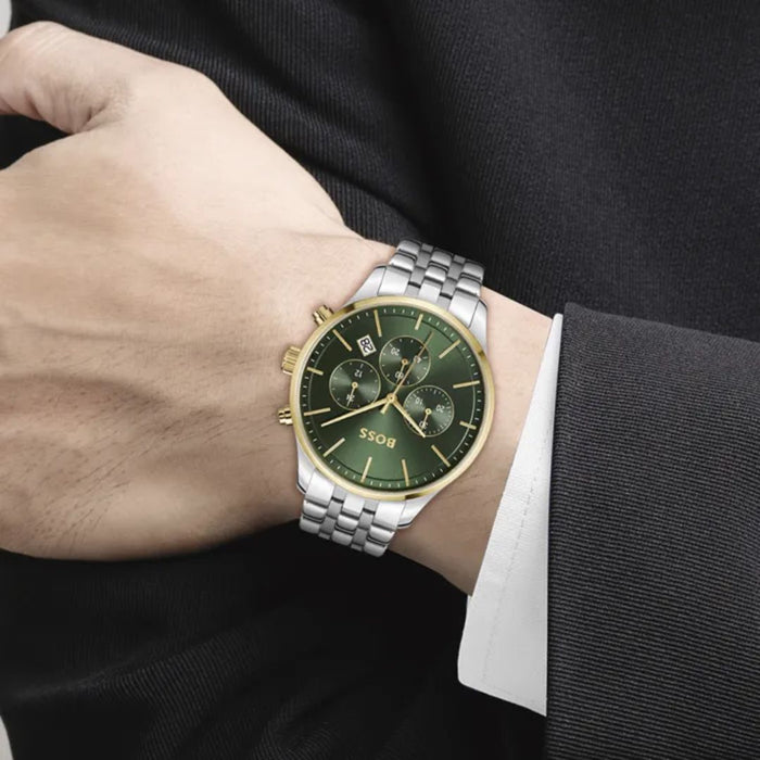 Hugo Boss Pioneer Chronograph – Green Dial Two-Tone Men’s Watch 1514159 - Authentic