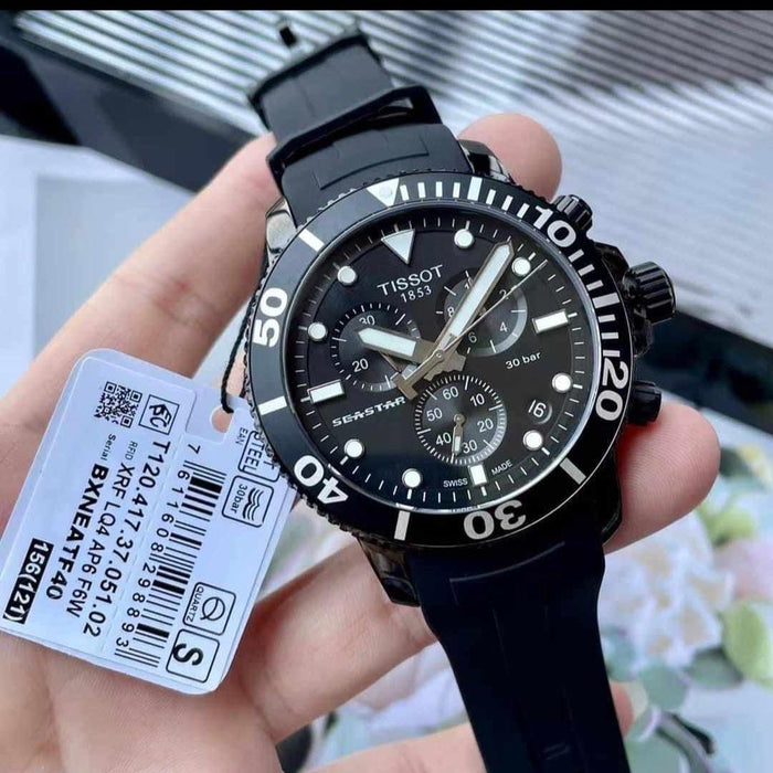 Tissot Seastar 1000 Chronograph – Black Dial | 30 Bar Diver | Rubber Strap t120.417.37.051.02 - Authentic
