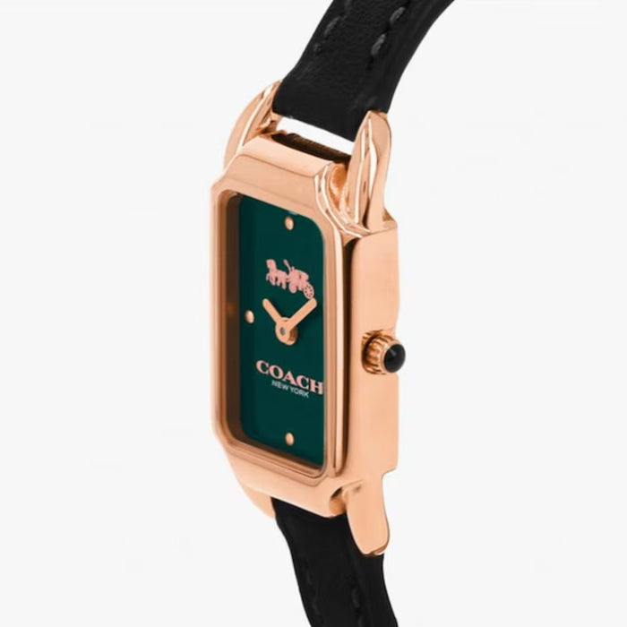 Coach New York Rose Gold Rectangular Women’s Watch – Green Dial & Black Leather Strap 14504068 - Authentic