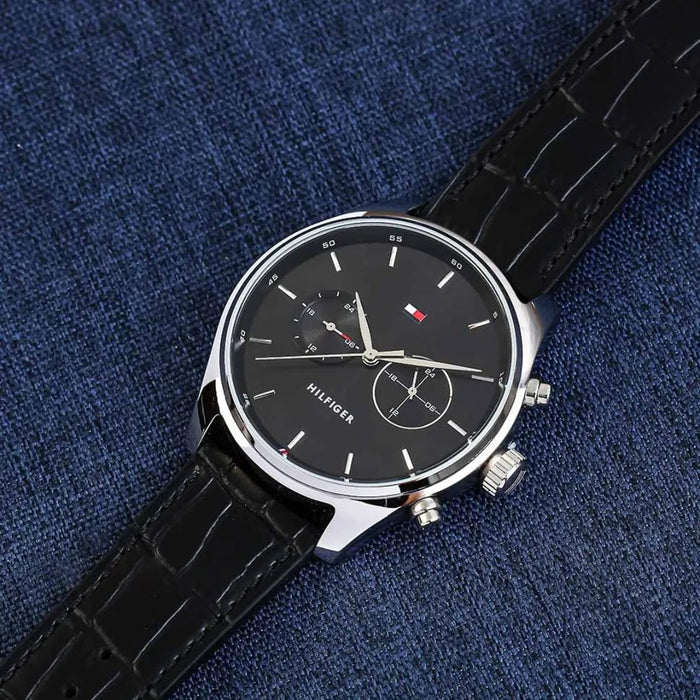Tommy Hilfiger Men’s Black Dial Chronograph Watch with Black Leather Strap 1714024 - Authentic