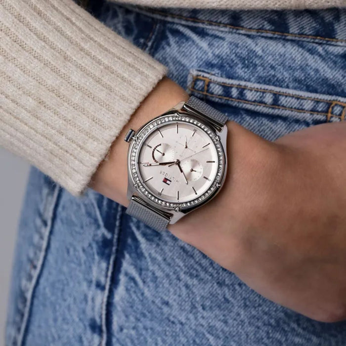 Tommy Hilfiger Silver Mesh Watch with Crystal Bezel for Women 1782654 - Authentic